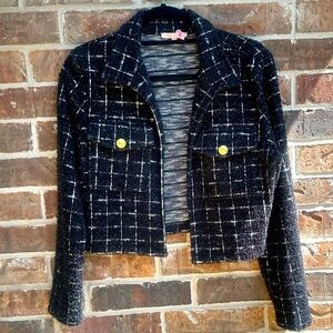 Cropped Lady Jacket Black & White Plaid w/metallic threads & Gold Accents Large